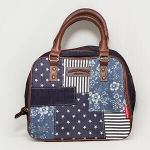 Union Bay Patchwork Corduroy & Faux Leather Satchel Handbag – Blue/Brown